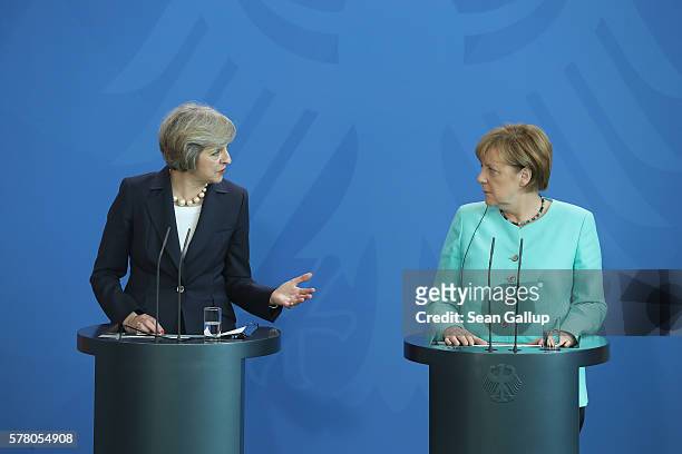 German Chancellor Angela Merkel and British Prime Minister Theresa Mayspeak to the media following talks at the Chancellery on July 20, 2016 in...