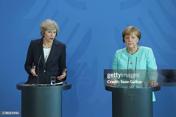 German Chancellor Angela Merkel and British Prime Minister Theresa Mayspeak to the media following talks at the Chancellery on July 20, 2016 in...