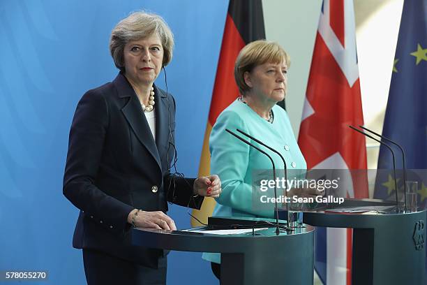 German Chancellor Angela Merkel and British Prime Minister Theresa May speak to the media following talks at the Chancellery on July 20, 2016 in...