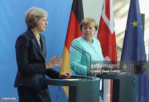 German Chancellor Angela Merkel and British Prime Minister Theresa May speak to the media following talks at the Chancellery on July 20, 2016 in...