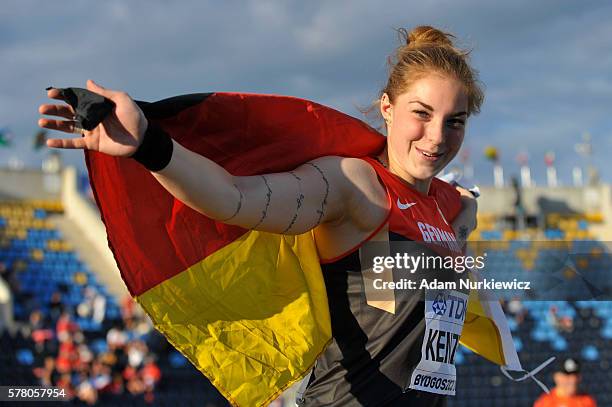 Alina Kenzel from Germany celebrates winning gold in women's sot put women during the IAAF World U20 Championships at the Zawisza Stadium on July 20,...