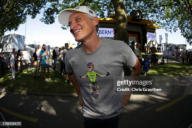 Team owner Oleg Tinkov points to his shirt with Peter Sagan of Slovakia riding for Tinkoff after stage 16 of the 2016 Le Tour de France, a 209km...