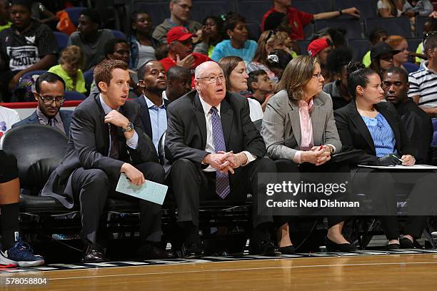 Mike Thibault of the Washington Mystics during the game against the New York Liberty on July 20, 2016 at Verizon Center in Washington, DC. NOTE TO...