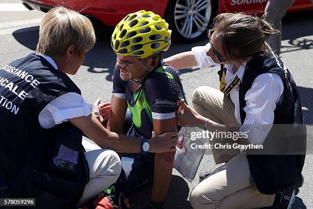 Gorka Izaguirre Insausti of Spain riding for Movistar Team lies on the ground afer crashing during stage seventeen of the 2016 Le Tour de France, a...