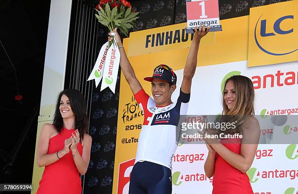 Jarlinson Pantano of Colombia and IAM Cycling earns the stage's best fighter trophy following stage 17 between Bern and Finhaut-Emosson on July 20,...