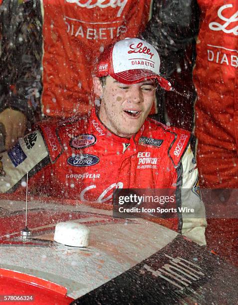 Ryan Reed celebrates winning the NASCAR Xfinity series Alert Today Florida 300 at Daytona International Speedway in Daytona, Florida