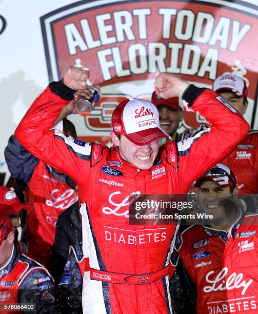 Ryan Reed celebrates winning the NASCAR Xfinity series Alert Today Florida 300 at Daytona International Speedway in Daytona, Florida