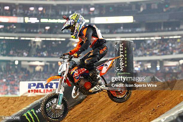 Racer in the KTM junior challenge jumping in round 8 of the AMA Monster Energy FIM World Championship Supercross, held at the Georgia Dome in...