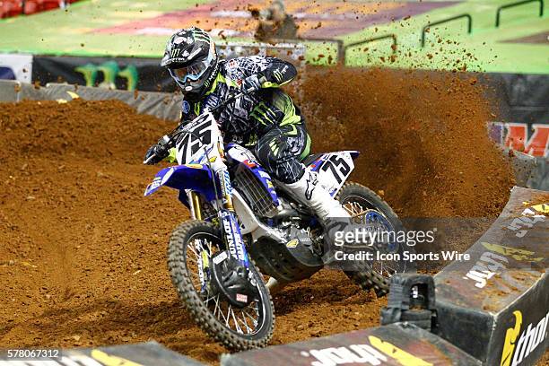 Joshua Hill on the gas exiting a turn in round 8 of the AMA Monster Energy FIM World Championship Supercross, held at the Georgia Dome in Atlanta,...