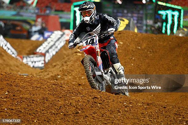 Factory Honda 450cc rider Cole Seely enters the rhythm section in round 8 of the AMA Monster Energy FIM World Championship Supercross, held at the...