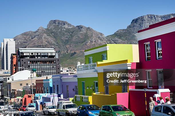South Africa Cape Town Bo-Kaap Schotsche Kloof Malay Quarter Muslim neighborhood Waal Wale Street colorful houses homes Table Mountain National Park.