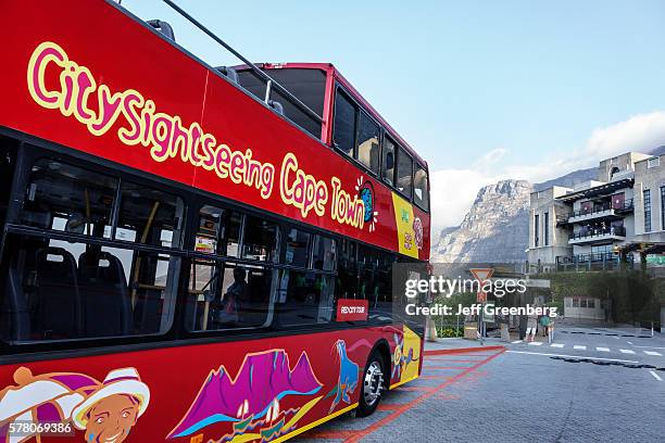 South Africa, Cape Town, Table Mountain National Park, Tafelberg Road, City Sightseeing, red double decker bus Cable Car Tramway, lower station.