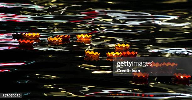 launching of the water lanterns in the chungyuan festival, ghost month in taiwan (asian ghost month, halloween) - hungry ghost festival stock pictures, royalty-free photos & images