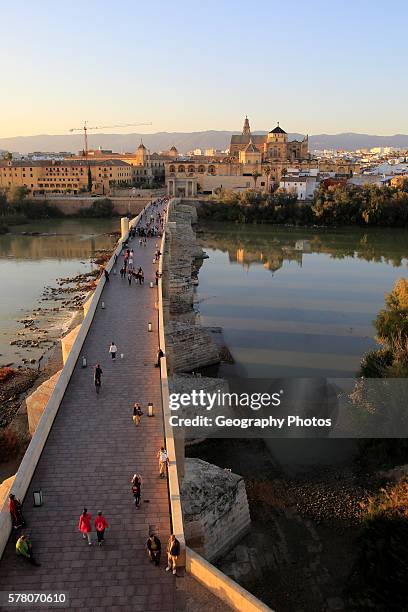 Roman bridge spanning river Rio Guadalquivir with Mezquita cathedral buildings, Cordoba, Spain.