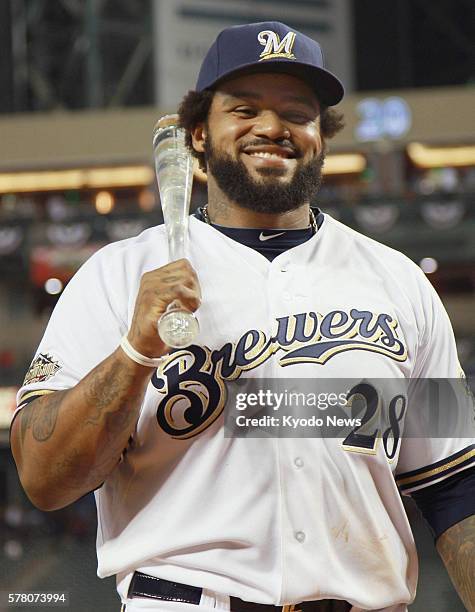 United States - National League All-Star Prince Fielder of the Milwaukee Brewers smiles after being named MVP of the 82nd Major League Baseball...