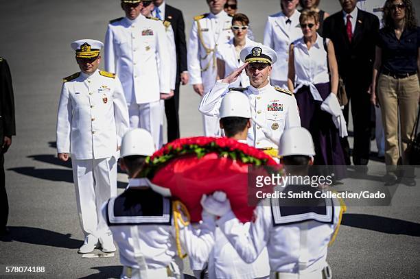 Chief of Naval Operations CNO Admiral Jonathan Greenert salutes Turkish navy honor guard sailors bearing a wreath to be laid at the Anitkabir,...
