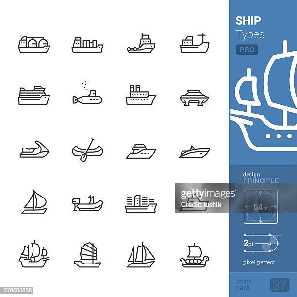 ilustraciones, imágenes clip art, dibujos animados e iconos de stock de tipos de barcos y embarcaciones, iconos vectoriales de contorno - pro pack - remolcador