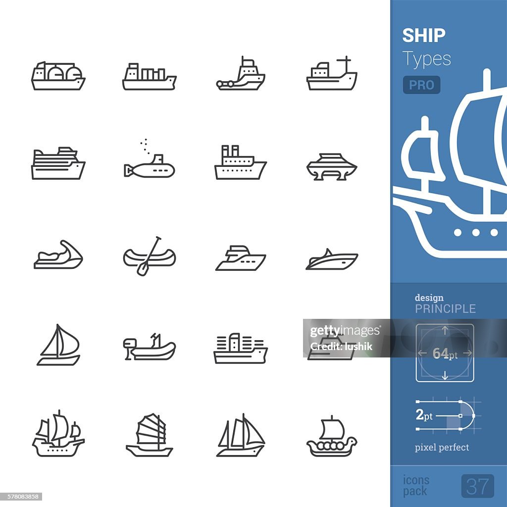 Ship and Vessel types, Outline vector icons - PRO pack