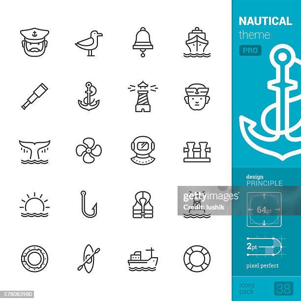 ilustraciones, imágenes clip art, dibujos animados e iconos de stock de náutica y mar, contorno iconos vectoriales - pro pack - gaviota