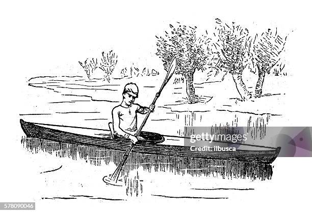 antique illustration of sports and exercises: canoing - people on canoe clip art stock illustrations