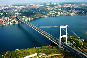 aerial View of the Bosphorus Bridge and the strait below