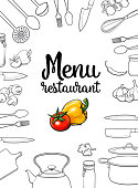 Kitchenware, vegetables and cutlery menu design vector illustration