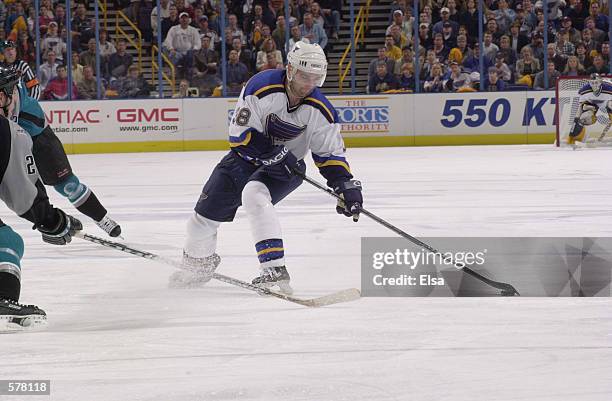 Pavol Demitra of the St. Louis Blues takes a shot during game 1 of the western conference playoffs against the San Jose Sharks at the Savvis Center...