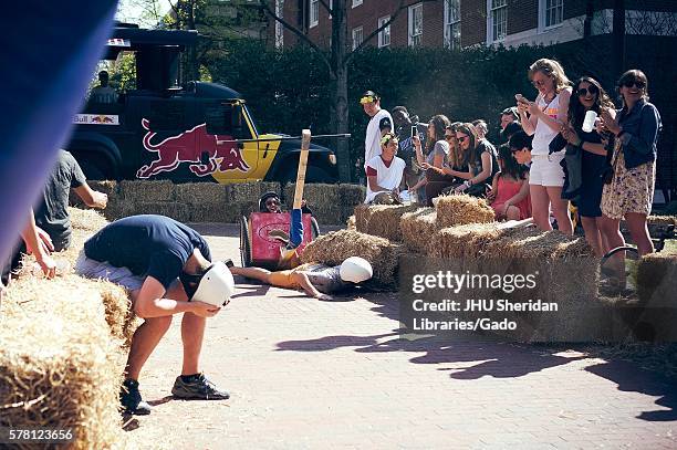 College students compete in the annual Red Bull Chariot Race at the 2016 Spring Fair, an annual festival featuring music, food, vendors, and various...