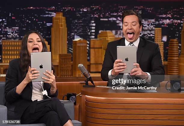 Mila Kunis and host Jimmy Fallon during the "Filtered Scenes" segment on "The Tonight Show Starring Jimmy Fallon"at Rockefeller Center on July 20,...