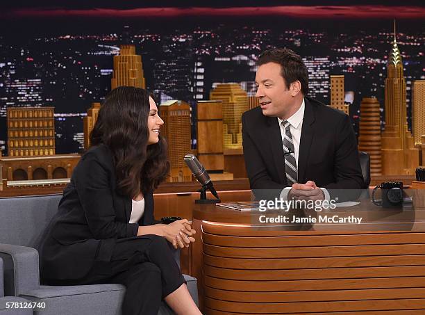 Mila Kunis and host Jimmy Fallon during the "Filtered Scenes" segment on "The Tonight Show Starring Jimmy Fallon"at Rockefeller Center on July 20,...
