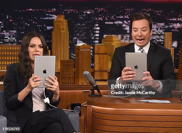 Mila Kunis and host Jimmy Fallon during the "Filtered Scenes" segment on "The Tonight Show Starring Jimmy Fallon"at Rockefeller Center on July 20,...
