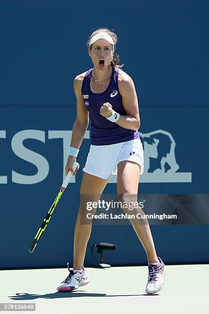 Johanna Konta of Great Britain celebrates a win against Julia Boserup of the United States during day three of the Bank of the West Classic at the...
