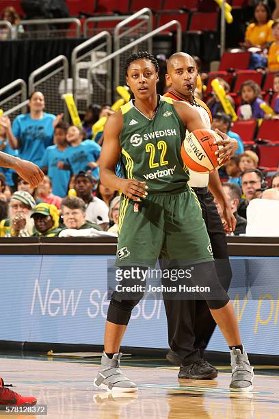 Monica Wright of the Seattle Storm handles the ball against the San Antonio Stars on July 20 at Key Arena in Seattle, Washington. NOTE TO USER: User...