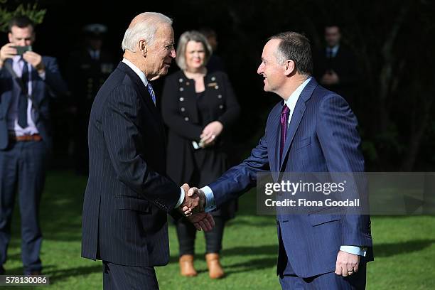Vice-President Joe Biden meets New Zealand Prime Minister John Key at Government House on July 21, 2016 in Auckland, New Zealand. Biden is visiting...
