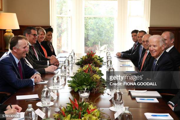 Vice President Joe Biden and New Zealand Prime Minister John Key sit down for a bilateral meeting at Government House in Auckland on July 21, 2016....