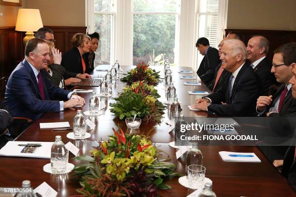 Vice President Joe Biden and New Zealand Prime Minister John Key sit down for a bilateral meeting at Government House in Auckland on July 21, 2016....