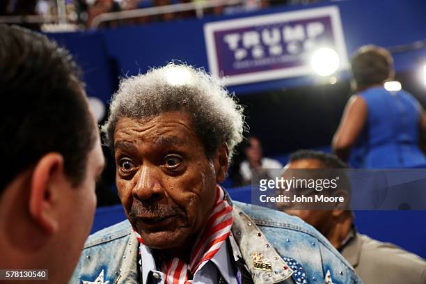 American boxing promoter Don King speaks with radio show host Alex Jones during the third day of the Republican National Convention on July 20, 2016...