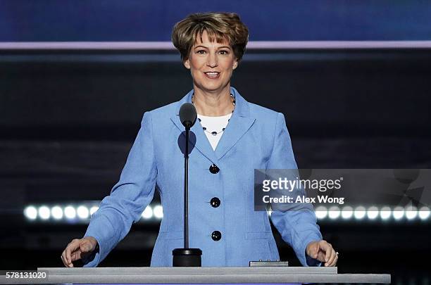 Retired Col. Eileen Collins, former NASA Astronaut, delivers a speech on the third day of the Republican National Convention on July 20, 2016 at the...