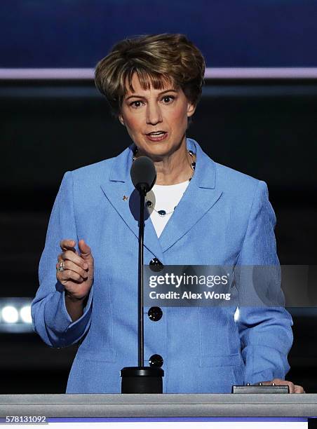 Retired Col. Eileen Collins, former NASA Astronaut, delivers a speech on the third day of the Republican National Convention on July 20, 2016 at the...