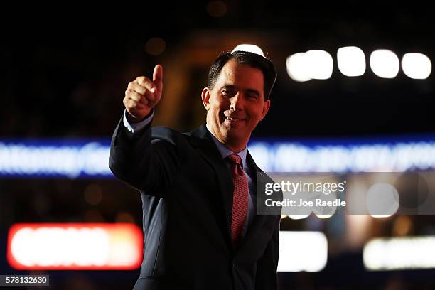 Wisconsin Gov. Scott Walker gestures after delivering a speech on the third day of the Republican National Convention on July 20, 2016 at the Quicken...