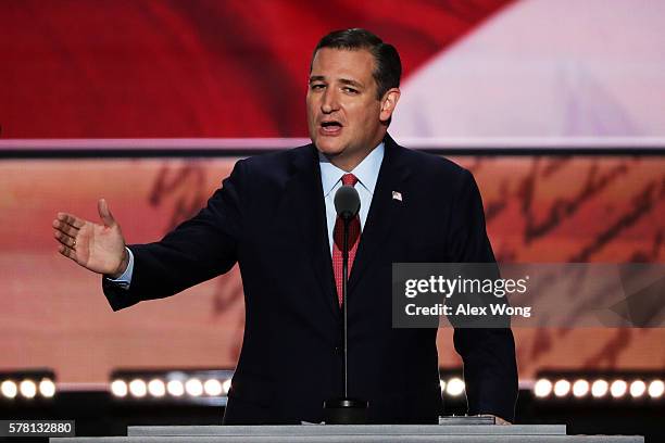 Sen. Ted Cruz delivers a speech on the third day of the Republican National Convention on July 20, 2016 at the Quicken Loans Arena in Cleveland,...