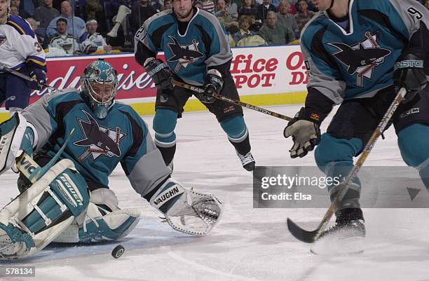 Evgeni Nabokov of the San Jose Sharks makes a save during game 1 of the western conference playoffs against the St. Louis Blues at the Savvis Center...