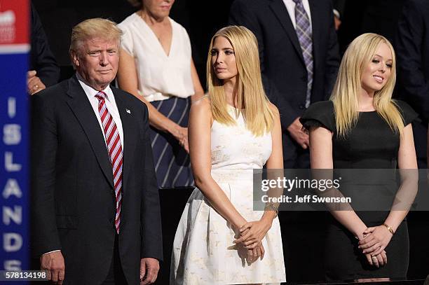 Republican presidential candidate Donald Trump, Ivanka Trump and Tiffany Trump stand during the third day of the Republican National Convention on...