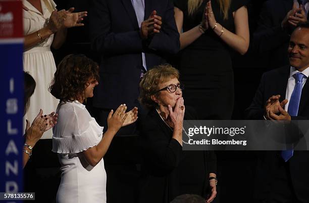 Nancy Pence-Fritsch, mother of 2016 Republican Vice Presidential Nominee Mike Pence, blows a kiss to her son during the Republican National...