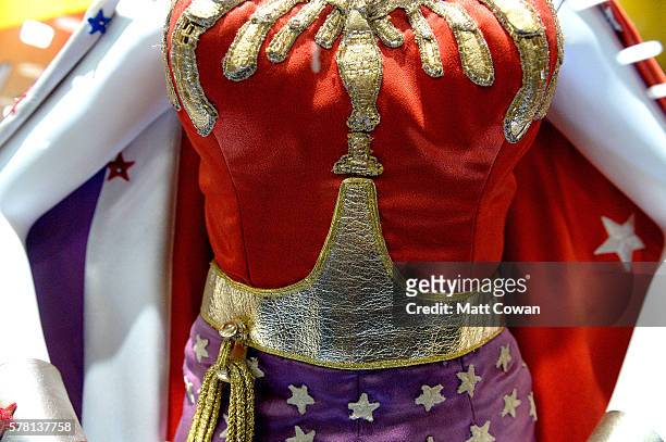 Details from one of Lynda Carter's original Wonder Woman costume is displayed at Comic-Con International 2016 preview night on July 20, 2016 in San...