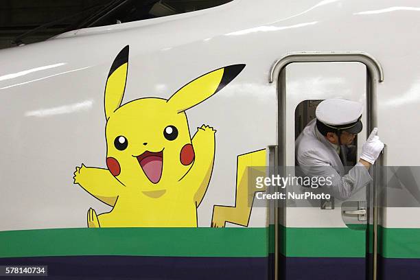 The Pokemon decorated Shinkansen series with an image of Pikachu, a popular Pokemon character, seen at JR Ueno Station in Tokyo on Jul 21, 2016.
