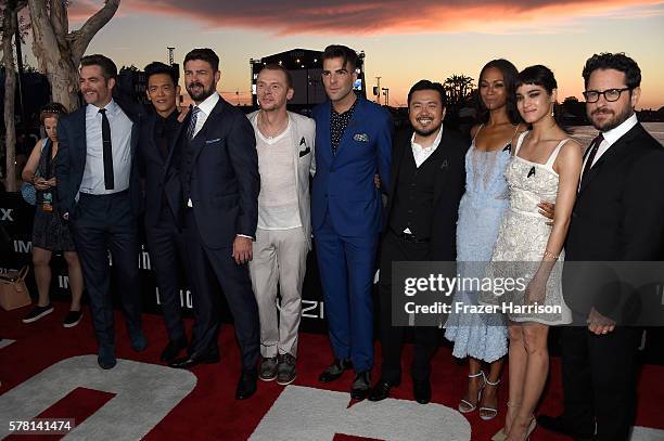 Actors Chris Pine, John Cho, Karl Urban, Simon Pegg, and Zachary Quinto, director Justin Lin, actors Zoe Saldana and Sofia Boutella, and producer...