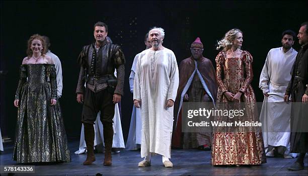 Dorothea Myer-Bennett, Dan Fredenburg, Jonathan Pryce, and Rachel Pickup and cast during the Opening Night curtain call bows in The Shakespeare's...