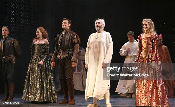 Dorothea Myer-Bennett, Dan Fredenburg, Jonathan Pryce, and Rachel Pickup and cast during the Opening Night curtain call bows in The Shakespeare's...