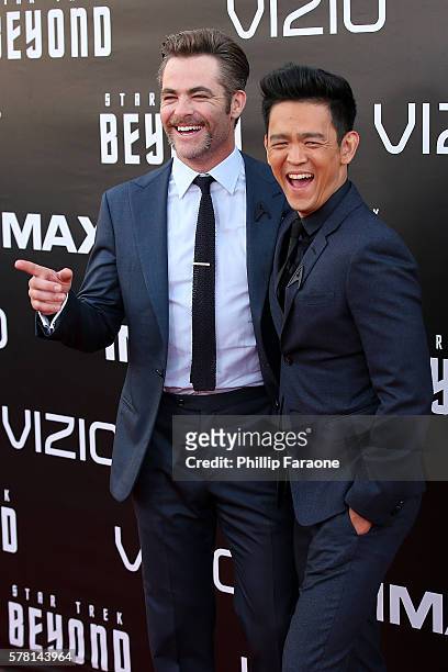 Actors Chris Pine and John Cho attend the premiere of Paramount Pictures' "Star Trek Beyond" at Embarcadero Marina Park South on July 20, 2016 in San...